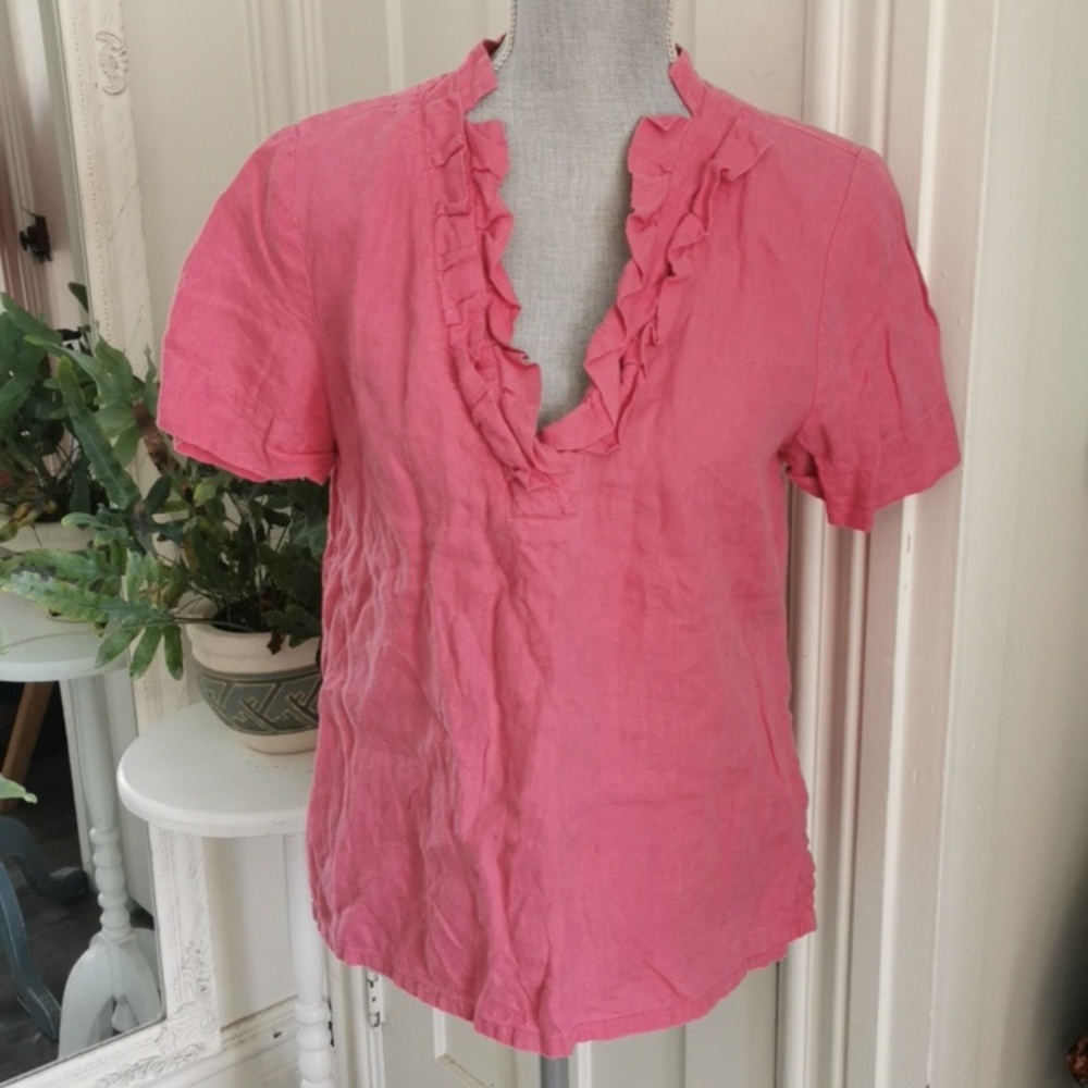 Talbots pretty in pink Irish linen with ruffled detail at neckline. Size Medium